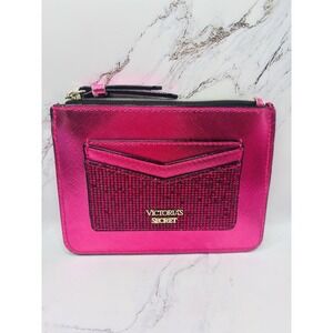 Victoria's Secret Key Chain Zip Card Coin Purse Hot Pink Metallic Glitter 6"x 4"